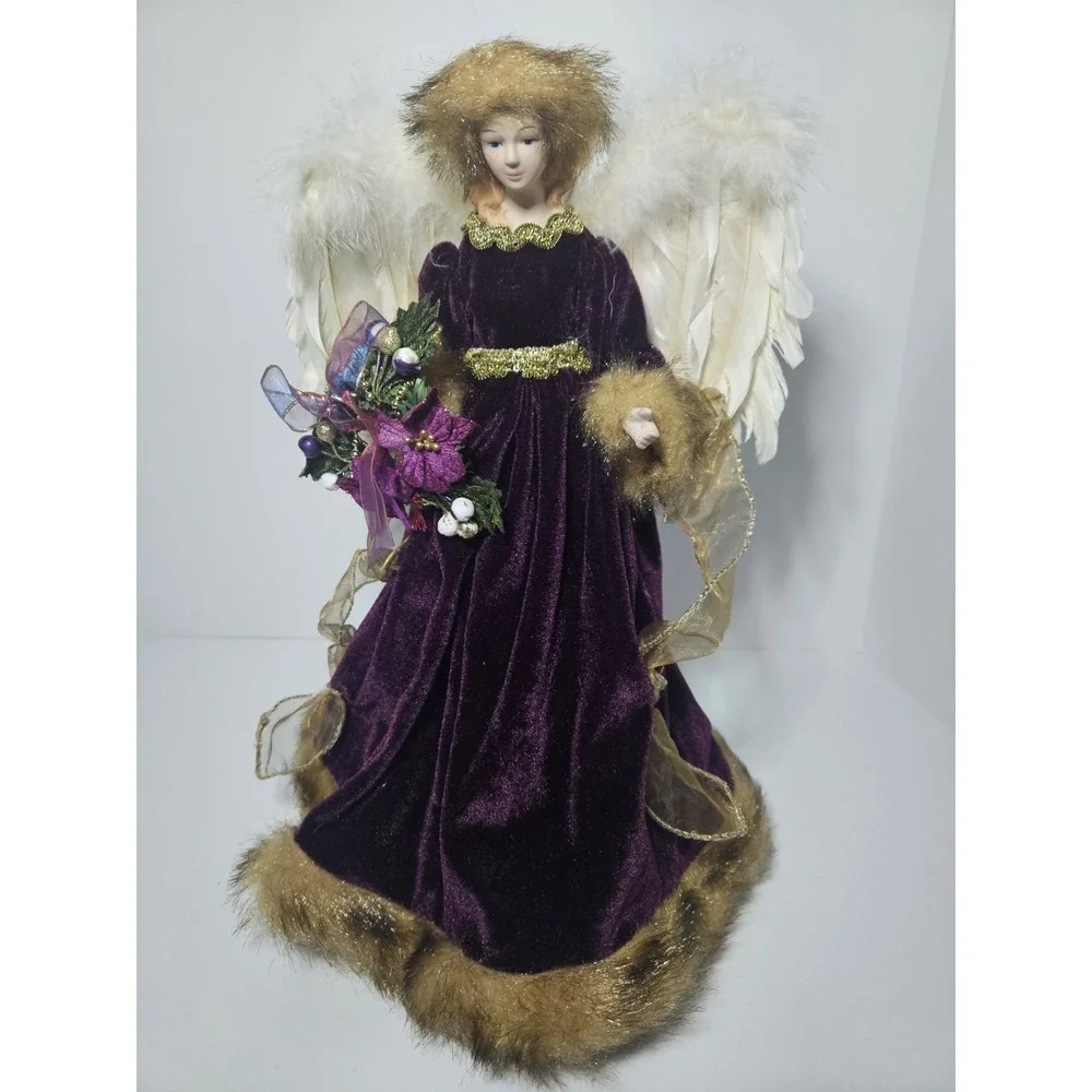 Vintage Purple Velvet Angel Christmas Tree Topper Porcelain Feather Wings Gold